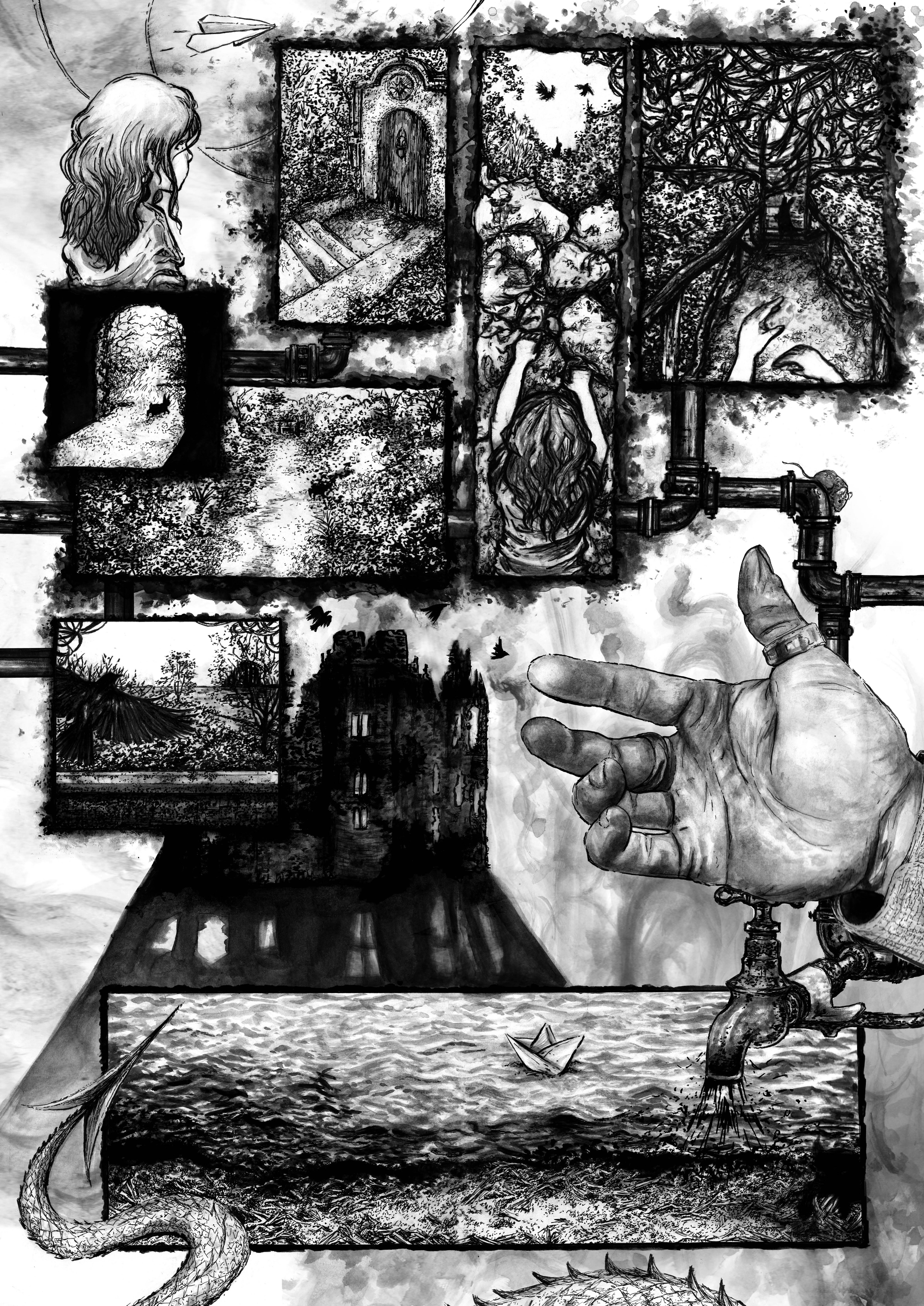 Black and white pipeline collage illustration