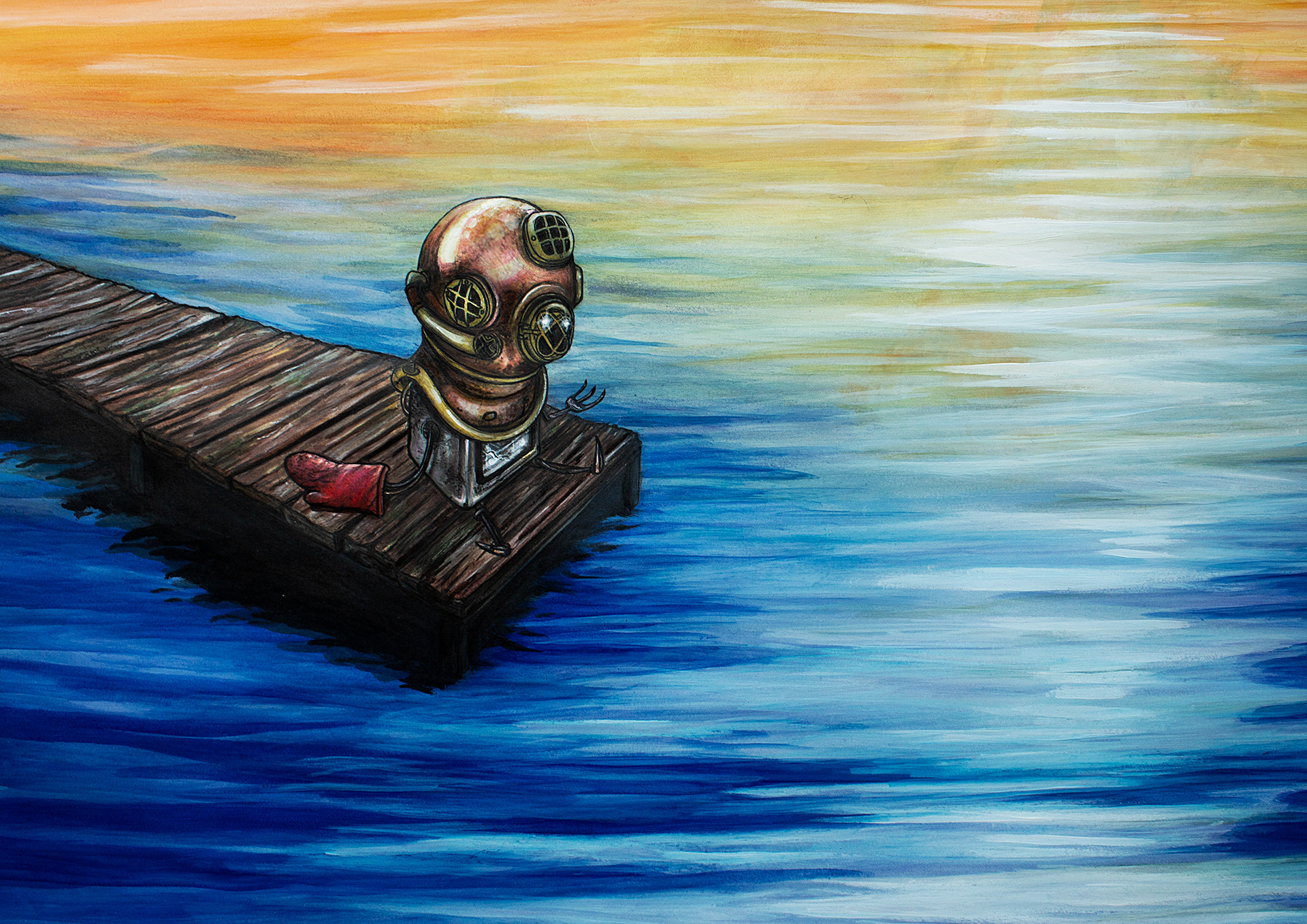Handmade robot sitting on a dock by bright water