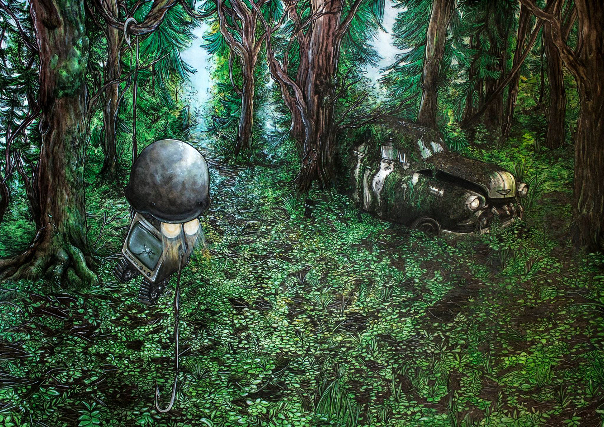 Handmade robot in a dense green forest
