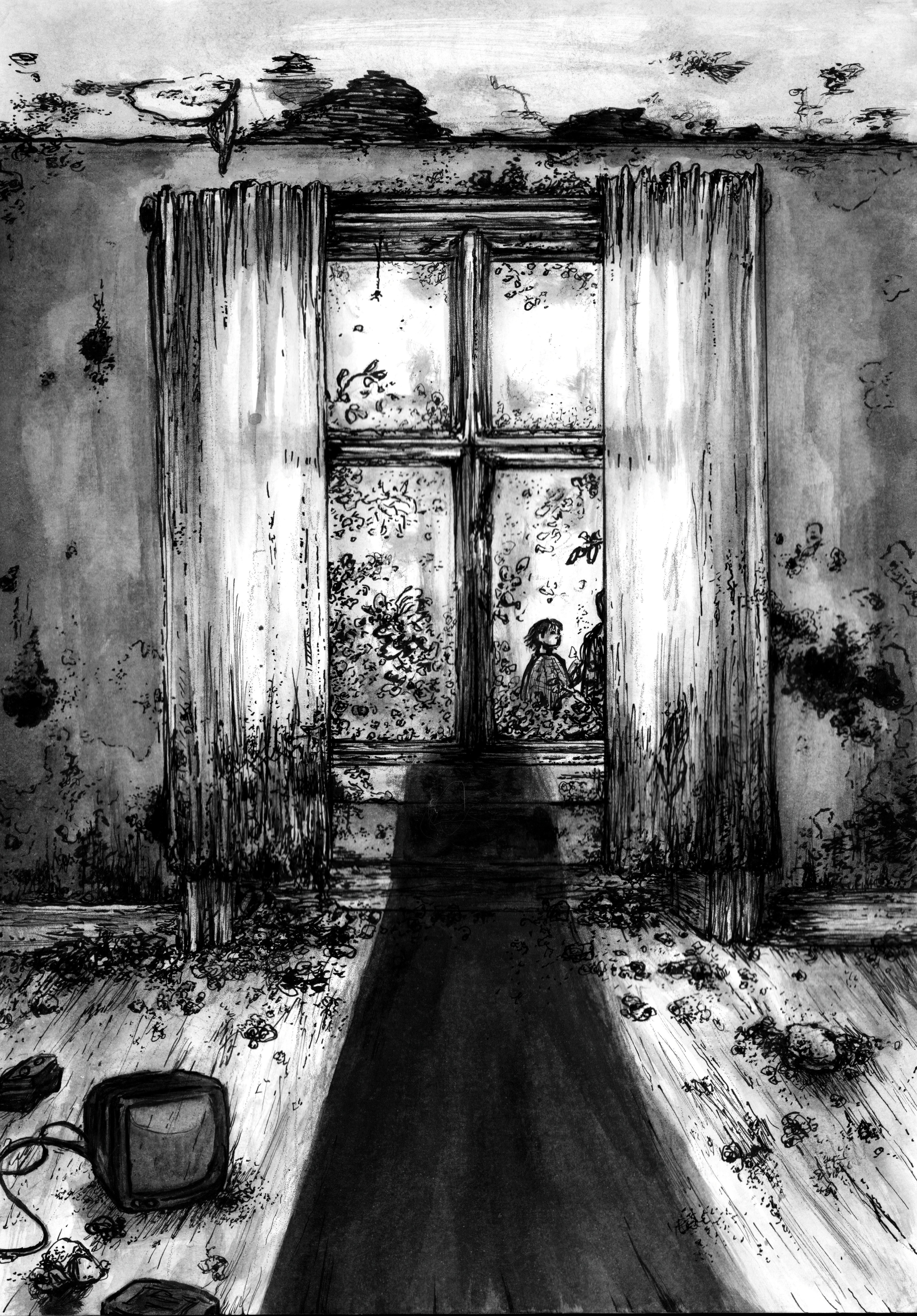 Shadowy room with a child at the window
